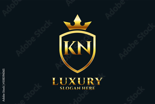 initial KN elegant luxury monogram logo or badge template with scrolls and royal crown - perfect for luxurious branding projects