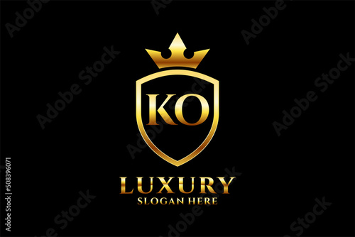 initial KO elegant luxury monogram logo or badge template with scrolls and royal crown - perfect for luxurious branding projects