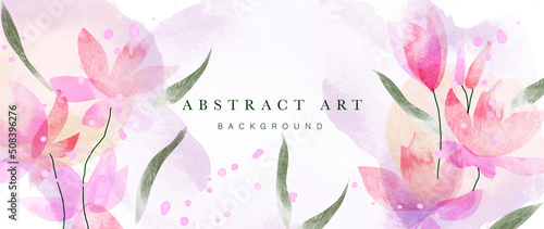Spring floral in watercolor vector background. Botanical wallpaper design with pink flowers  line art  leaves. Abstract blossom flowers illustration suitable for fabric  prints  cover  decorative.