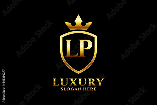 initial LP elegant luxury monogram logo or badge template with scrolls and royal crown - perfect for luxurious branding projects