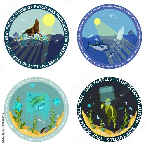World oceans day, World Environment Day, Earth day, World Maritime Day concept vector illustration. Stop plastic pollution. Keep the oceans clean. Save the marine life. Stop creating trash mutants