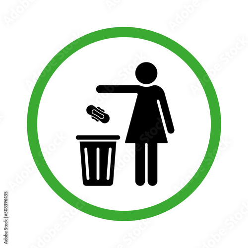 Woman Please Only Throw Litter in Bin Silhouette Icon. Allowed Throw Napkin, Paper, Pads, Towel in Waste Basket Symbol. Glyph Pictogram. Keep Clean Icon. Isolated Vector Illustration