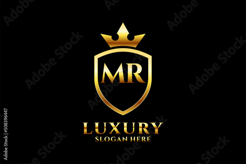 initial MR elegant luxury monogram logo or badge template with scrolls and royal crown - perfect for luxurious branding projects