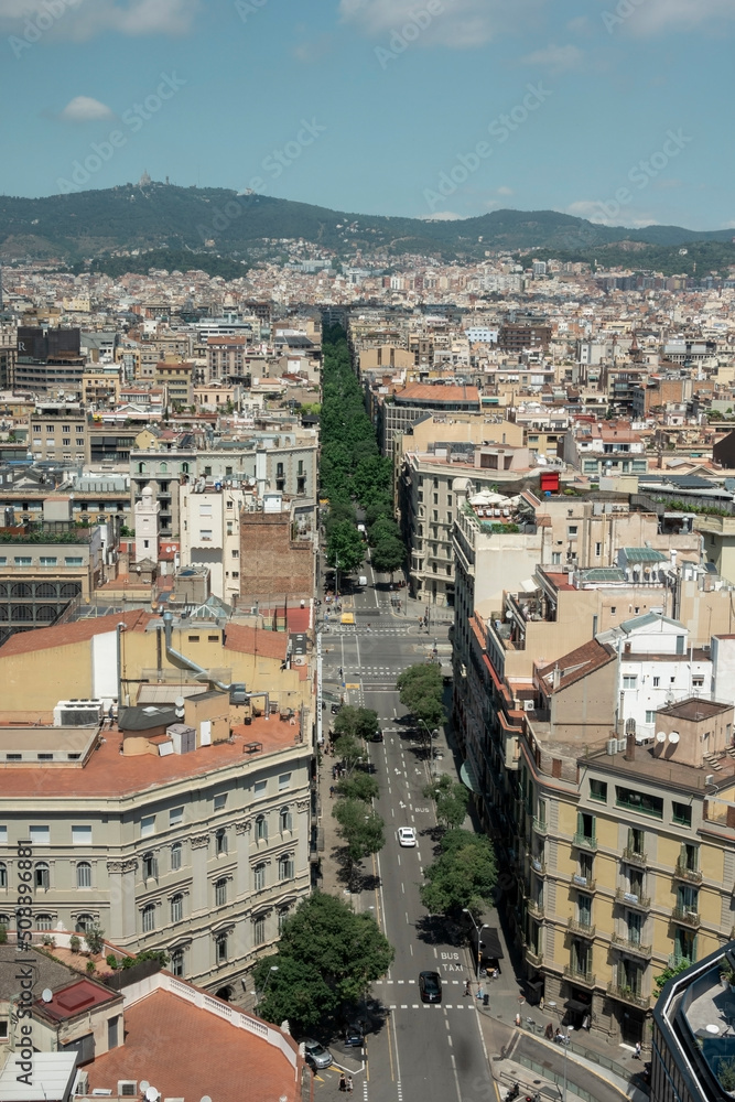 Barcelona, Spain - May 29, 2022: Nice view of a street of Barcelona seen from above