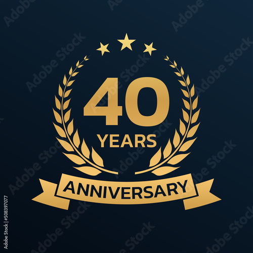 40 years anniversary laurel wreath logo or icon. Jubilee, birthday badge, label or emblem. 40th celebration design element. Vector illustration.