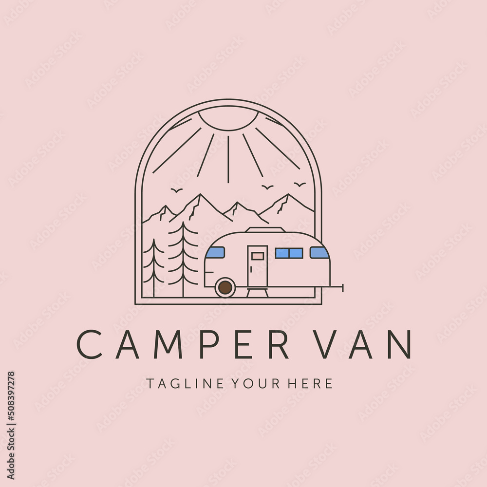 camper van mountain and sun line art logo vector symbol illustration ...
