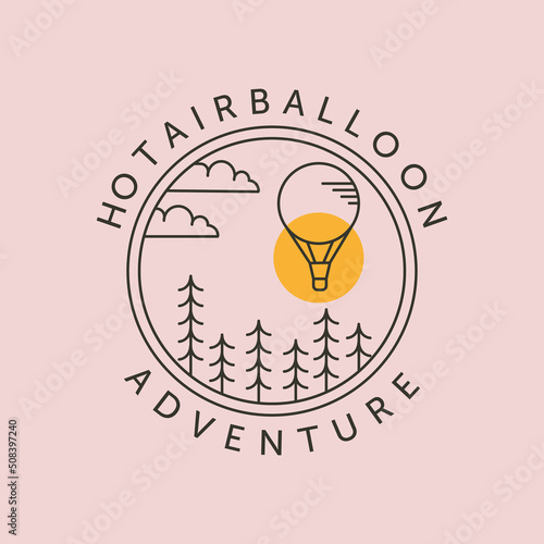 hot air balloon and sun line art logo vector symbol illustration design