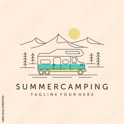 summer camping and mountain line art logo vector symbol illustration design
