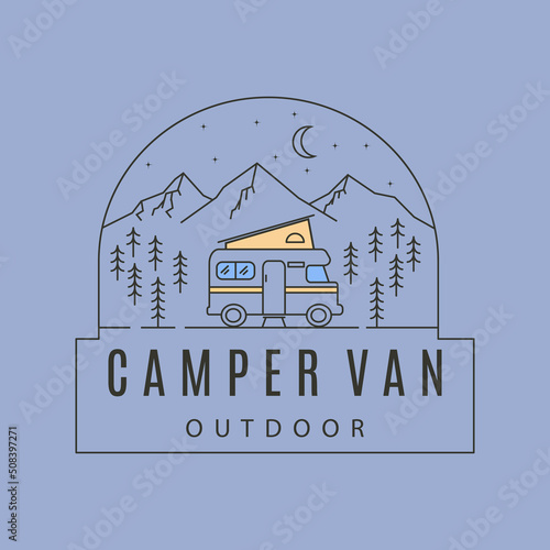 camper van outdoor line art logo vector symbol illustration design