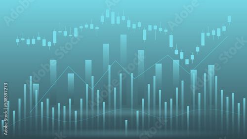 economy situation concept. Financial business statistics with bar graph and candlestick chart show stock market price and currency exchange on green background