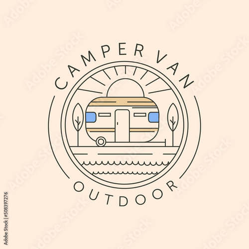 camper van outdoor and sunburst line art logo vector symbol illustration design