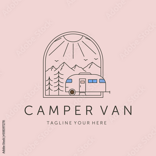 camper van mountain and sun line art logo vector symbol illustration design
