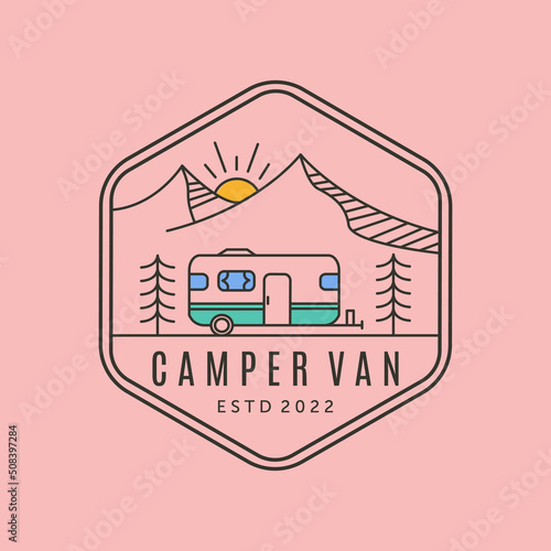 camper van mountain and sun line art logo vector symbol illustration design