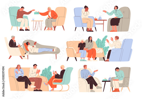 People at psychologists appointments. Psychotherapeutic counseling. Personal analysis