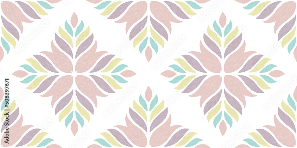 Abstract pattern with stylized geometric pastel flowers. Artistic floral folk motif for fabrics, textile, packaging, wall art print design Abstract pattern with stylized geometric pastel flowers. Artistic floral folk motif for fabrics, textile, packaging, wall art print design