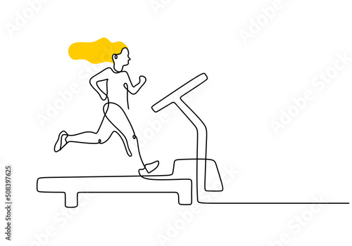 Canvas Print One continuous single line of woman treadmill at home isolated on white background