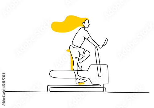 One continuous single line of woman bicycle sport at home isolated on white background.