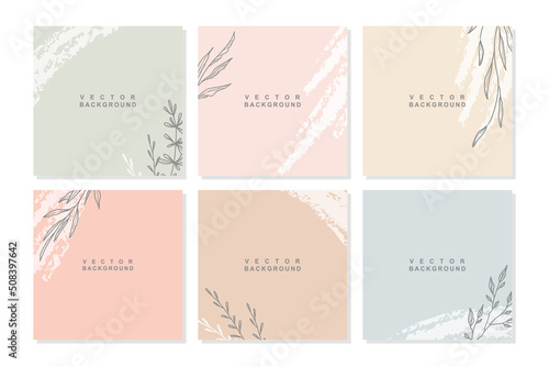 Pastel background template with copy space for text, line drawings plant elements and textures. Editable vector banner for social media post, card, cover, invitation,
poster, mobile apps, web ads