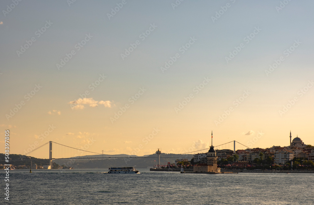 Unique view of Istanbul Bosphorus Bridge and Maiden's Tower.