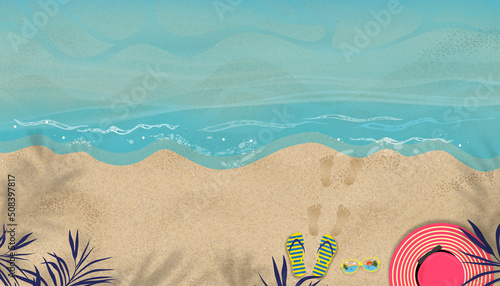 Summer background with sandal, footprint step on sand beach, hat palm leaf shadow, Blue ocean wave in Sunday, sunglass and on beach,Top view Vector illustration banner with vacation holiday concept