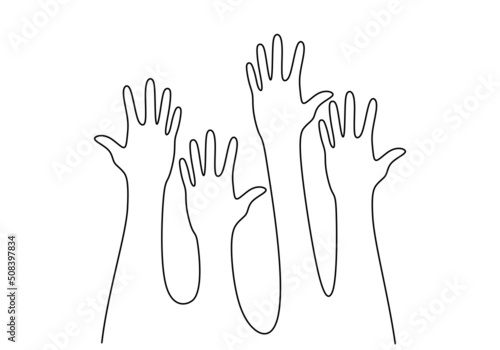 One continuous single line of four hands up isolated on white background.