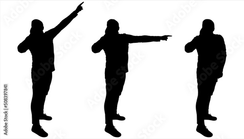 The man calls for help, puts his hand to his mouth, and shows the direction with his other hand. A guy of a large build in a tracksuit and sneakers. Three black male silhouettes isolated on white