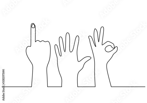 One continuous single line of diversity hand pose isolated on white background.