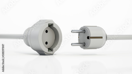 Electric plug and power socket isolated on white background. 3D illustration photo