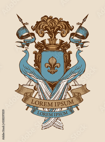 Vector heraldic Coat of arms with peacocks, crown, spears, ribbon and knightly shield with an lily sign. Hand-drawn illustration in vintage style. Medieval heraldry, emblem, sign, symbol