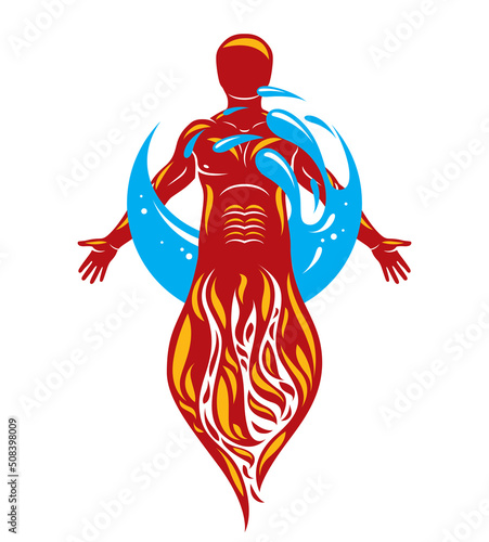 Vector illustration of human being standing, mythic ancient god. Prometheus surrounded by a water ball, water and fire diversity and harmony.