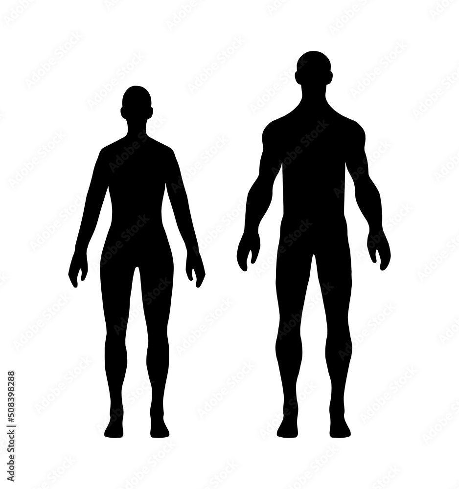 Full height human body shadow shape isolated on white background. Woman and man flat silhouette icon set. Simple flat vector illustration.