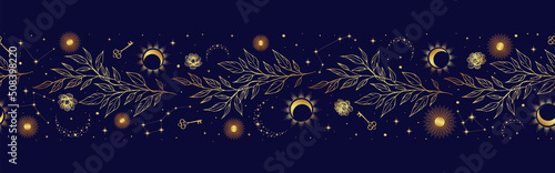 Foto Magic seamless vector border with moons, herbs, stars and suns