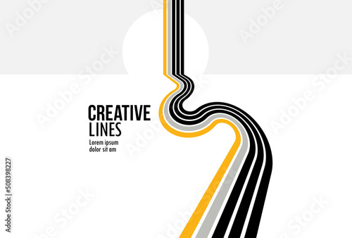 Linear composition vector road to horizon, abstract background with lines in 3D perspective, optical illusion op art, black and yellow colors.