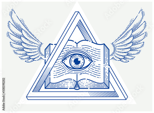 Secret knowledge vintage open winged book with all seeing eye of god in sacred geometry triangle, masonry or illuminati symbol, vector logo or emblem design element.