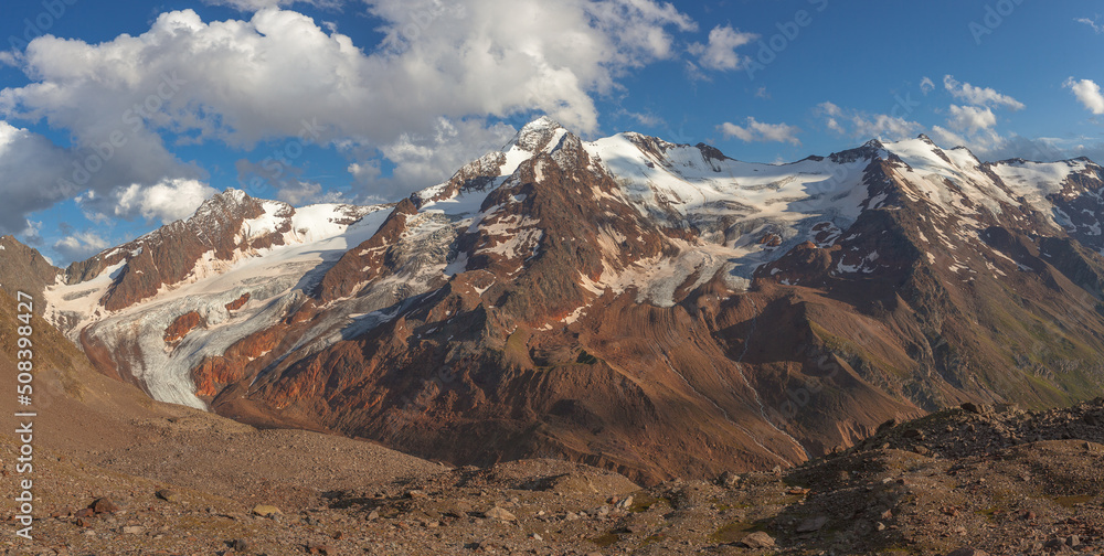 Sunset panorama of the glaciers at the foots of the Palla Bianca peak, Alto Adige - Sudtirol, Italy. Popular mountain for climbers. Palla Bianca is the second highest mountain in the Alto Adige region