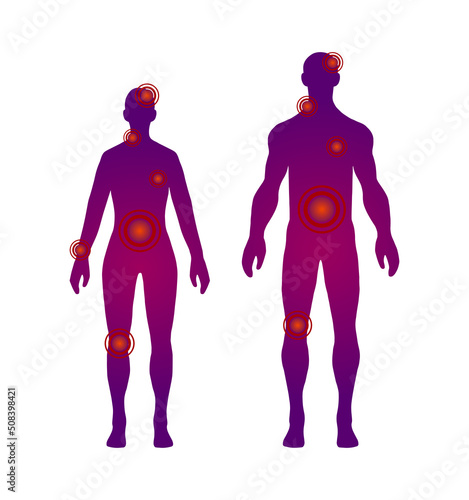Full height human body shadow shape isolated on white background. Pain location, medical concept. Woman and man flat silhouette icon set. Cartoon vector health care illustration.