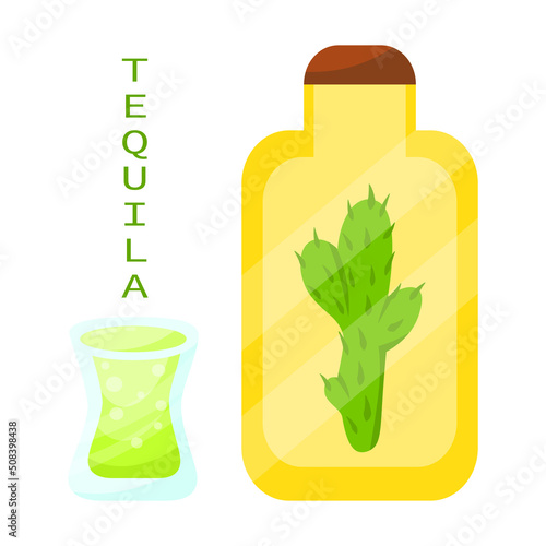 Tequila Mexican traditional alcohol drink flat cartoon set. Vector isolated icons.