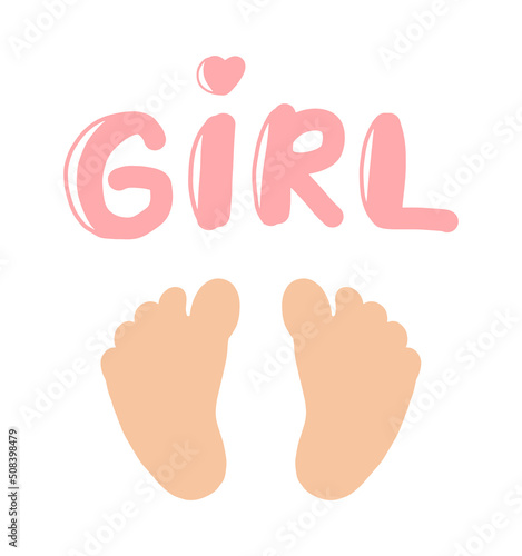 Girl baby shower invitation card template. Flat vector celebration poster. Baby footprints isolated on white background. Beautiful lettering phrase.