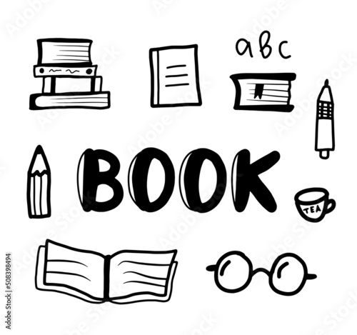 Book isolated on white vector icon set, doodle graphic design element. Hand drawn school education clip art. Reading hobby, library conceptual illustration.