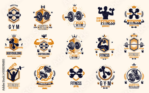 Fitness sport emblems logos or posters with barbells dumbbells kettlebells and muscle man silhouettes vector set, athletic workout active lifestyle theme, sport club or competition awards.