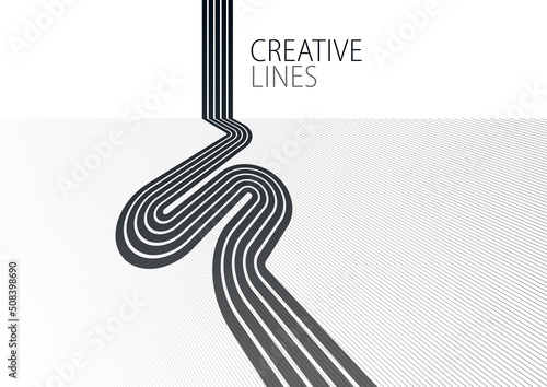 3D black and white lines in perspective abstract vector background, linear perspective illustration op art, road to horizon.