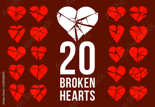 Hearts broken to pieces like a glass vector logos or icons set, broken heart concept, breakup or divorce, heartbreak regret, separated couple, tragic love.