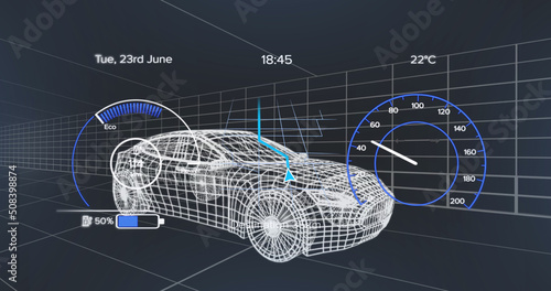 Image of speedometer, gps and charge status data on vehicle interface, over 3d car model