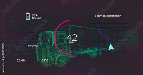 Image of speedometer  gps and charge status data on vehicle interface  over 3d truck model