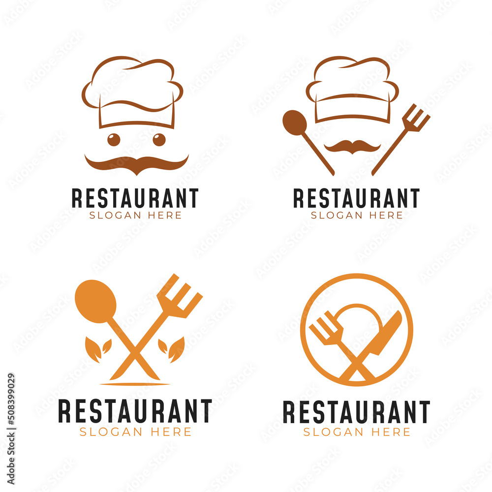 Restaurant logo collection with hat, spoon, fork, knife, and plate icon for food concept Restaurant logo collection with hat, spoon, fork, knife, and plate icon for food concept
