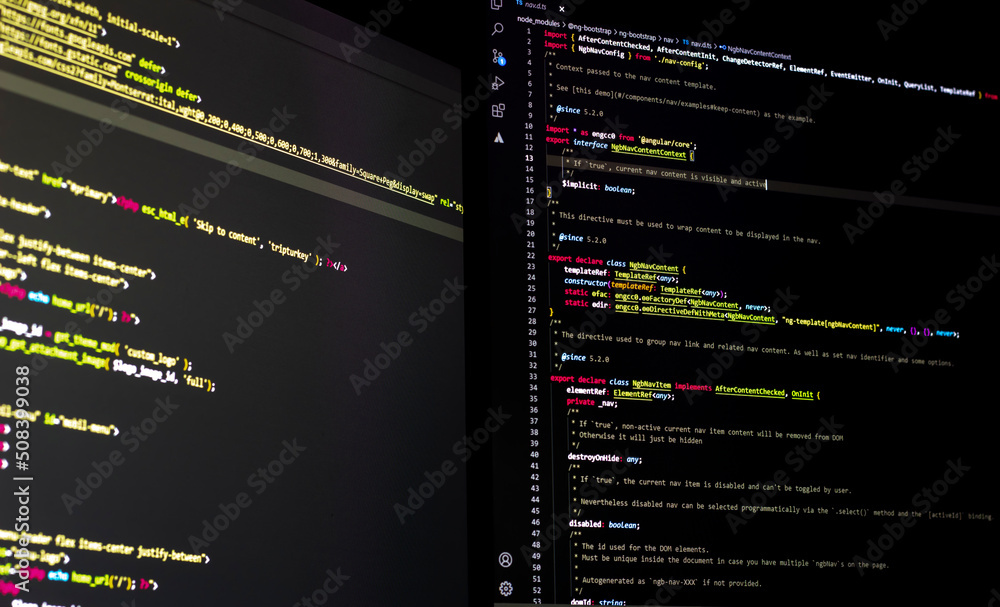 The software developer using dual screen is coding WordPress with php ...