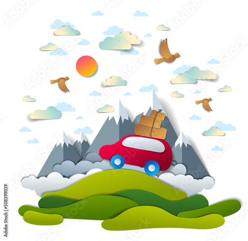 Car travel and tourism, red minivan with luggage riding off road with mountain peaks in background, birds and clouds in the sky, paper cut vector illustration of auto in scenic nature landscape.