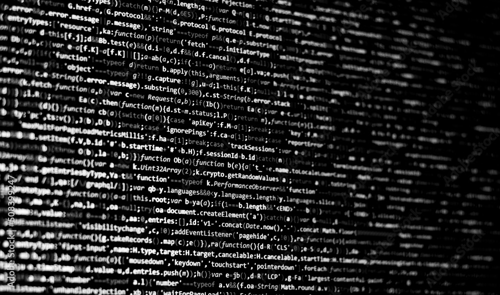 Black and white code background. compressed javascript code Black and white code background. compressed javascript code