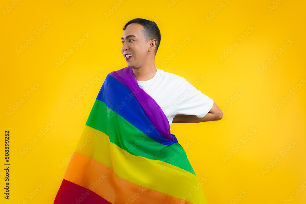 happy gay with pride movement LGBT Rainbow flag on shoulder isolated ...