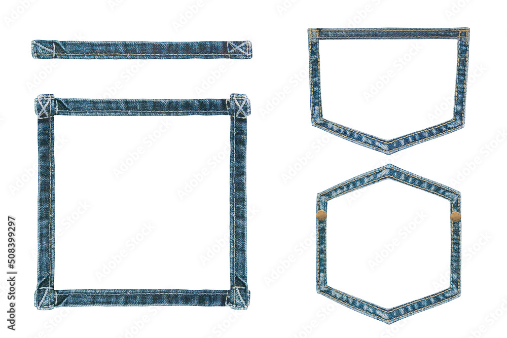 Denim framework and jeans details. Clip art on white background Stock ...